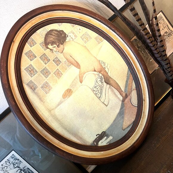 Vintage Framed Print "The Bath" Oval 14.62" X 19.28" Wooden Frame Wall Art - Picture 2 of 8